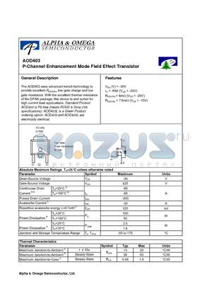 AOD403 datasheet - P-Channel Enhancement Mode Field Effect Transistor