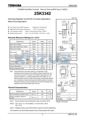 2SK3342 datasheet - Silicon N Channel MOS Type Switching Regulator and DC-DC Converter Applications Motor Drive Applications