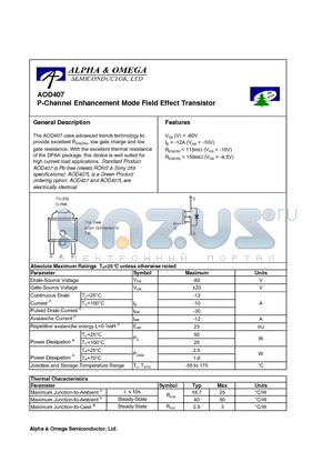 AOD407 datasheet - P-Channel Enhancement Mode Field Effect Transistor