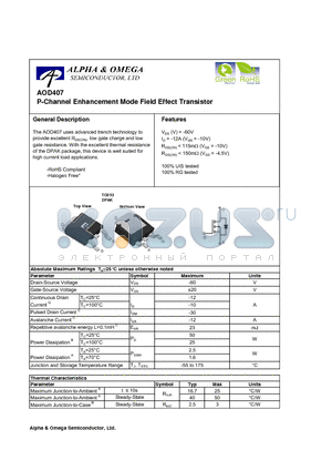 AOD407 datasheet - P-Channel Enhancement Mode Field Effect Transistor