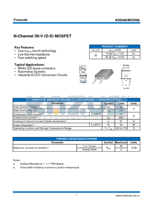 AOD408 datasheet - N-Channel 30-V (D-S) MOSFET White LED boost converters