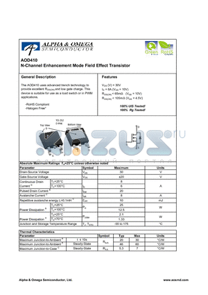 AOD410 datasheet - N-Channel Enhancement Mode Field Effect Transistor