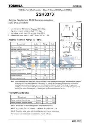 2SK3373 datasheet - Silicon N-Channel MOS Type Switching Regulator and DC/DC Converter Applications Motor Drive Applications