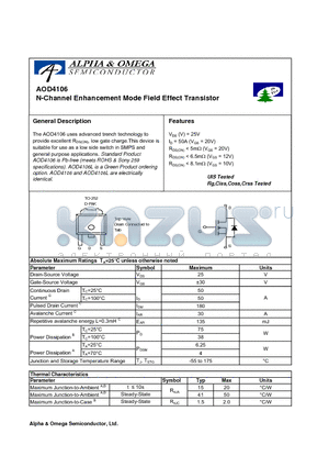 AOD4106 datasheet - N-Channel Enhancement Mode Field Effect Transistor