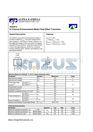 AOD412L datasheet - N-Channel Enhancement Mode Field Effect Transistor