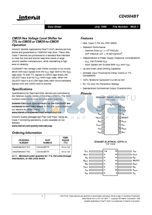 CD4504 datasheet - CMOS Hex Voltage Level Shifter for TTL-to-CMOS or CMOS-to-CMOS Operation