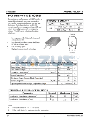 AOD413 datasheet - P-Channel 40-V (D-S) MOSFET High performance trench technology