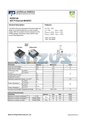 AOD413A datasheet - 40V P-Channel MOSFET
