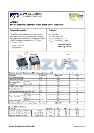 AOD414 datasheet - N-Channel Enhancement Mode Field Effect Transistor