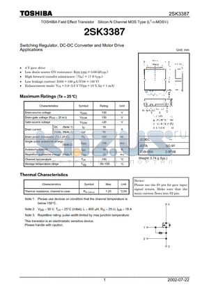 2SK3387 datasheet - TOSHIBA Field Effect Transistor Silicon N Channel MOS Type (L2-pi-MOSV)