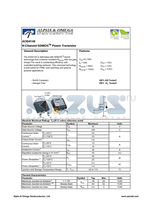 AOD4144 datasheet - N-Channel SDMOSTM Power Transistor