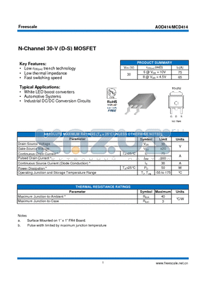AOD414 datasheet - N-Channel 30-V (D-S) MOSFET White LED boost converters