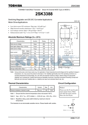2SK3388 datasheet - Silicon N Channel MOS Type Switching Regulator and DC-DC Converter Applications Motor Drive Applications