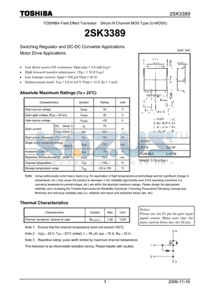 2SK3389 datasheet - Silicon N Channel MOS Type Switching Regulator and DC-DC Converter Applications Motor Drive Applications