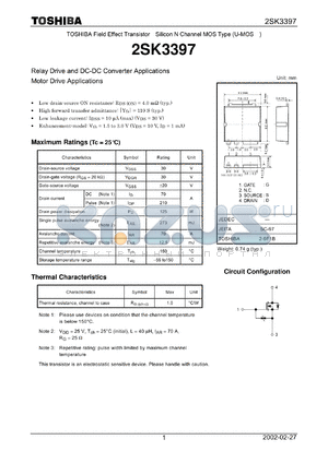 2SK3397 datasheet - TOSHIBA Field Effect Transistor Silicon N Channel MOS Type (U-MOS)