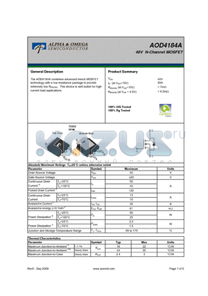 AOD4184A datasheet - 40V N-Channel MOSFET