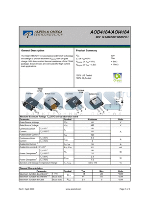 AOD4184_09 datasheet - 40V N-Channel MOSFET