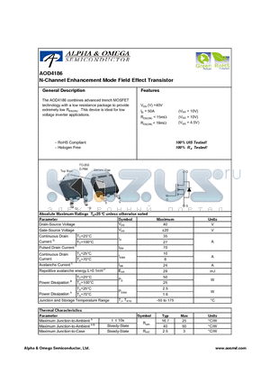 AOD4186 datasheet - N-Channel Enhancement Mode Field Effect Transistor