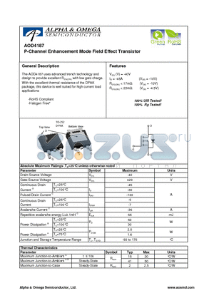 AOD4187 datasheet - P-Channel Enhancement Mode Field Effect Transistor