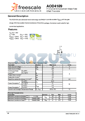 AOD4189 datasheet - P-Channel Enhancement Mode Field