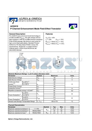 AOD419 datasheet - P-Channel Enhancement Mode Field Effect Transistor