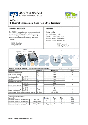 AOD421 datasheet - P-Channel Enhancement Mode Field Effect Transistor