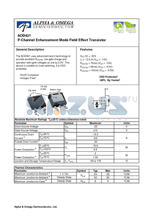 AOD421_08 datasheet - P-Channel Enhancement Mode Field Effect Transistor