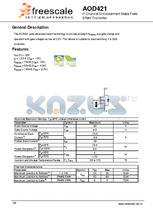 AOD421 datasheet - P-Channel Enhancement Mode Field