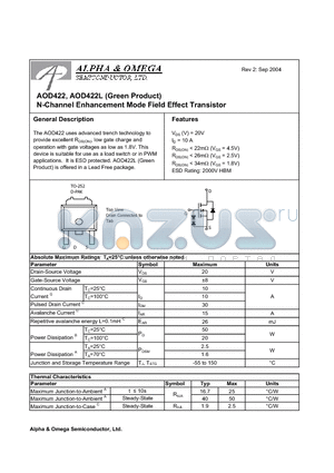 AOD422L datasheet - N-Channel Enhancement Mode Field Effect Transistor