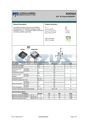 AOD424 datasheet - 20V N-Channel MOSFET