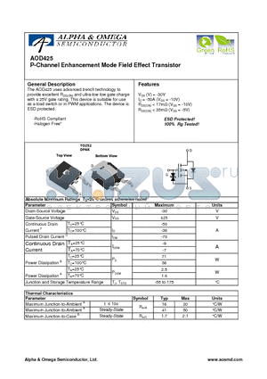 AOD425 datasheet - P-Channel Enhancement Mode Field Effect Transistor