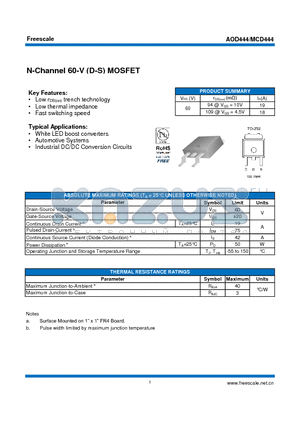 AOD444 datasheet - N-Channel 60-V (D-S) MOSFET White LED boost converters