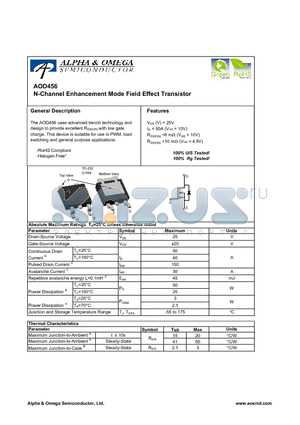 AOD456 datasheet - N-Channel Enhancement Mode Field Effect Transistor