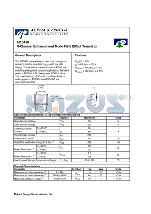 AOD458 datasheet - N-Channel Enhancement Mode Field Effect Transistor