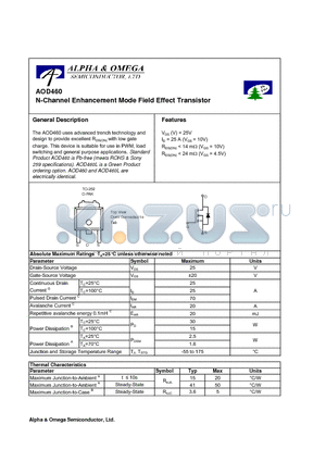 AOD460 datasheet - N-Channel Enhancement Mode Field Effect Transistor