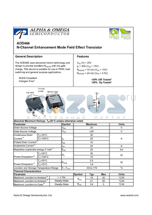 AOD466 datasheet - N-Channel Enhancement Mode Field Effect Transistor