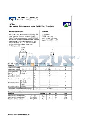 AOD472 datasheet - N-Channel Enhancement Mode Field Effect Transistor