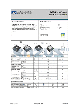AOD482 datasheet - 100V N-Channel MOSFET