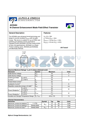 AOD484 datasheet - N-Channel Enhancement Mode Field Effect Transistor