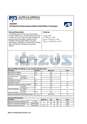 AOD494 datasheet - N-Channel Enhancement Mode Field Effect Transistor