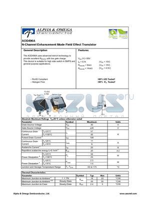 AOD496A datasheet - N-Channel Enhancement Mode Field Effect Transistor