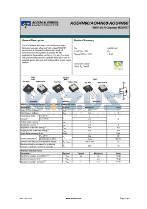 AOD4N60 datasheet - 600V,4A N-Channel MOSFET