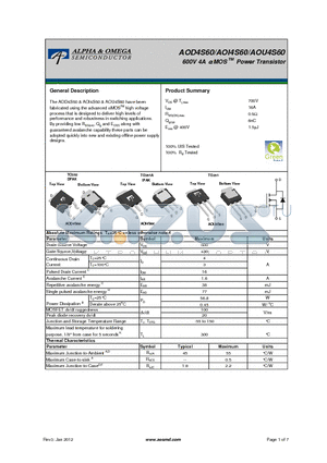 AOD4S60 datasheet - 600V 4A a MOS Power Transistor