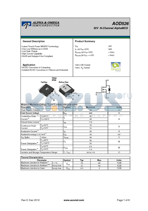 AOD526 datasheet - 30V N-Channel AlphaMOS