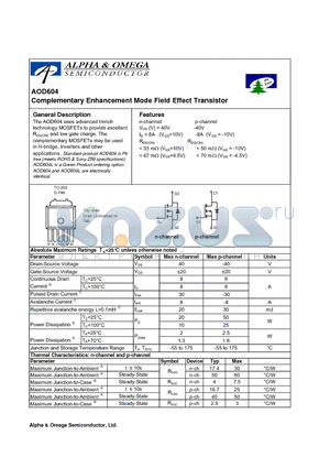 AOD604 datasheet - Complementary Enhancement Mode Field Effect Transistor