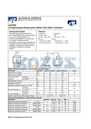 AOD606 datasheet - Complementary Enhancement Mode Field Effect Transistor