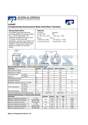 AOD607L datasheet - Complementary Enhancement Mode Field Effect Transistor