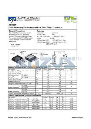 AOD607_08 datasheet - Complementary Enhancement Mode Field Effect Transistor