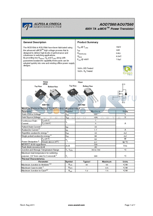 AOD7S60 datasheet - 600V 7A a MOS Power Transistor