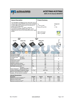 AOD7N60 datasheet - 600V,7A N-Channel MOSFET